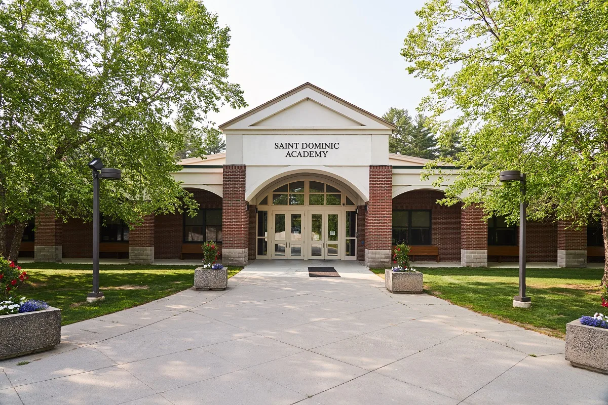 saint dominic academy - school front exterior with brick columns
