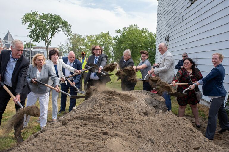 Several public figures breaking ground on a new project including Maine Governor Janet Mills, Senator Susan Collins, and Senator Angus King